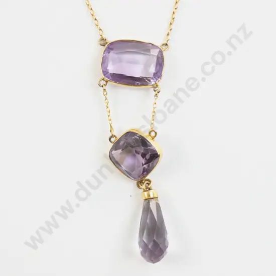 Victorian 9ct Three Stone Amethyst Pendant Drop Necklace