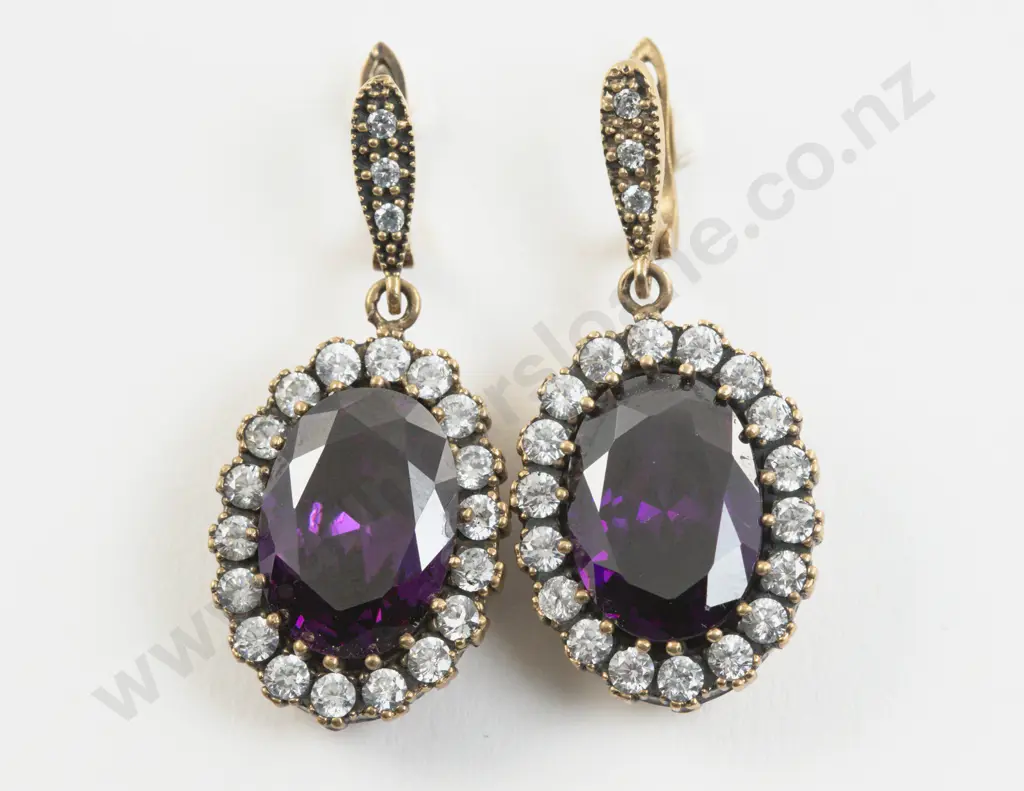 Pair Georgian Gilt Metal Amethyst and Diamond Paste Pendant Drop Earrings Image 1++