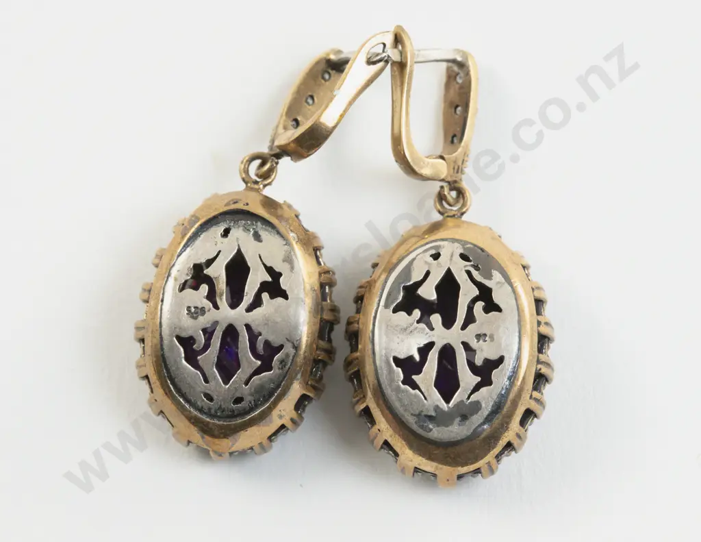 Pair Georgian Gilt Metal Amethyst and Diamond Paste Pendant Drop Earrings Image 1++