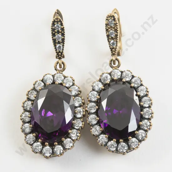 Pair Georgian Gilt Metal Amethyst and Diamond Paste Pendant Drop Earrings