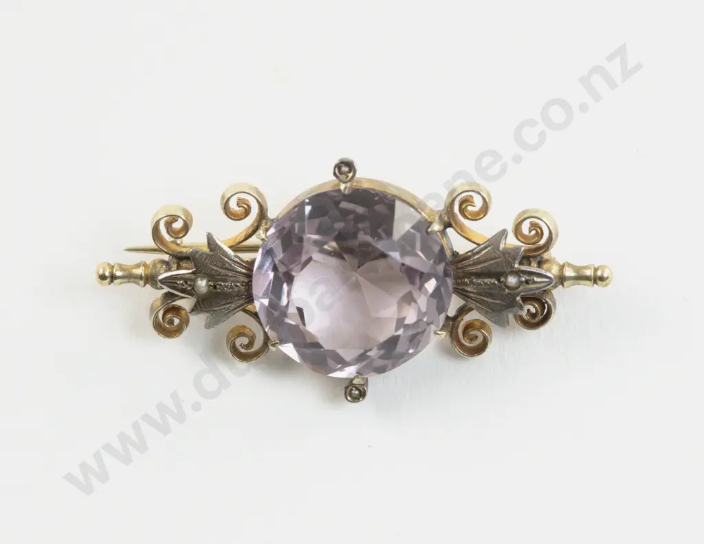 Victorian Gold Plated Single Amethyst Brooch Image 1++