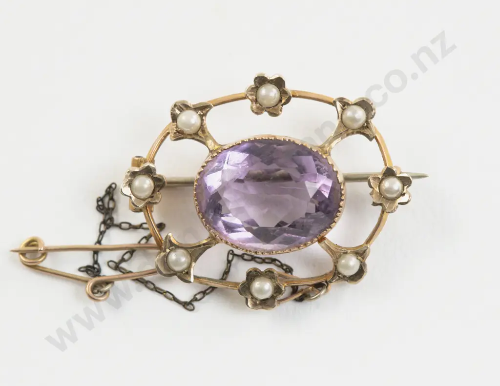 Victorian 9ct Amethyst and Pearl Brooch Image 1++