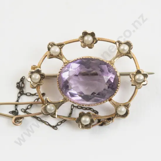 Victorian 9ct Amethyst and Pearl Brooch