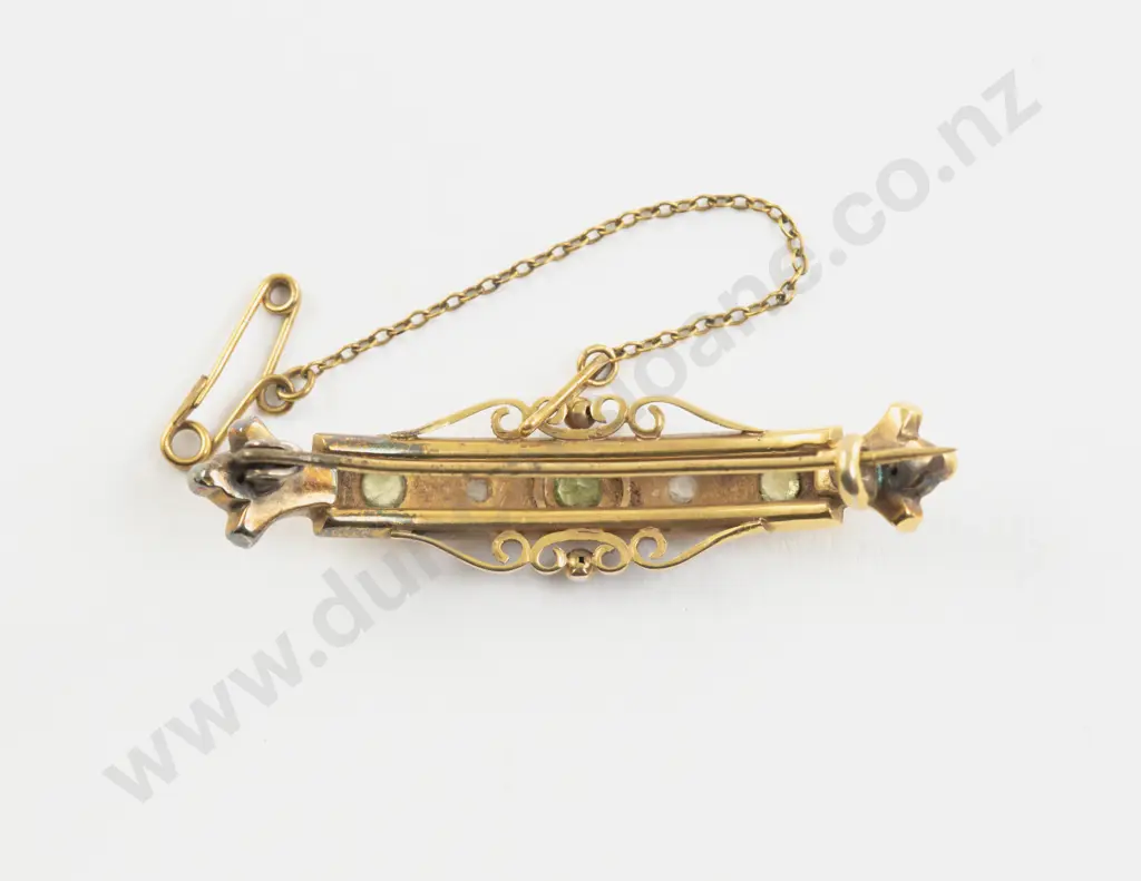 Victorian 9ct Five Stone Peridot and Diamond Curved Bar Brooch Image 1++