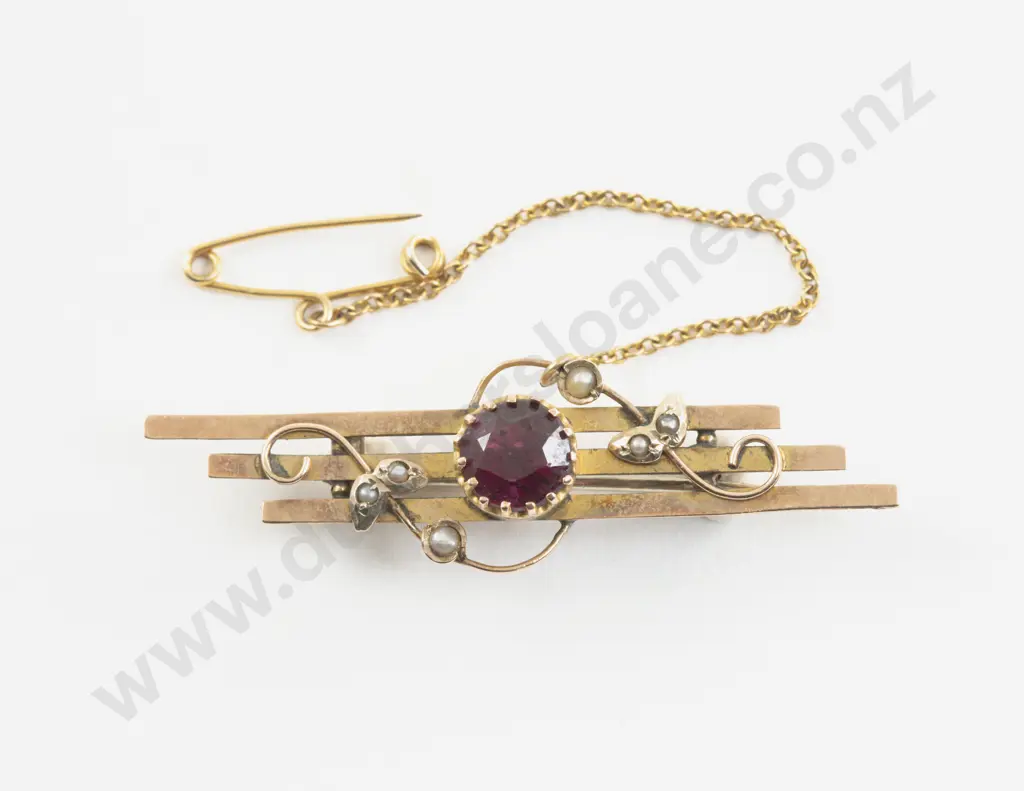 Victorian 9ct Seven Stone Garnet and Seed Pearl Triple Bar Brooch Image 1++