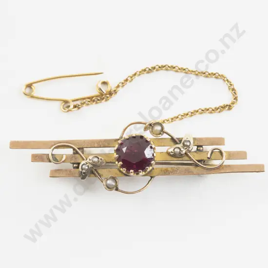 Victorian 9ct Seven Stone Garnet and Seed Pearl Triple Bar Brooch
