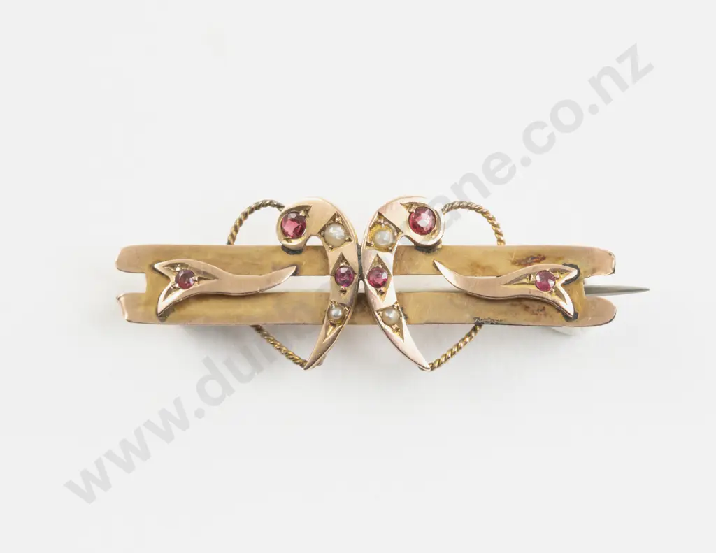 Victorian 9ct Garnet and Seed Pearl Double Bar Brooch Image 1++