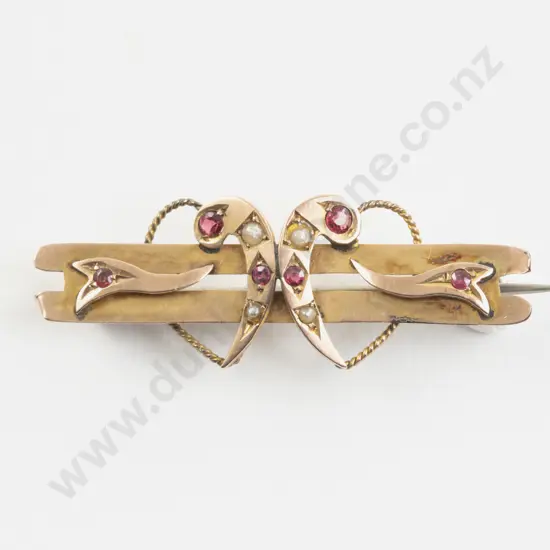 Victorian 9ct Garnet and Seed Pearl Double Bar Brooch