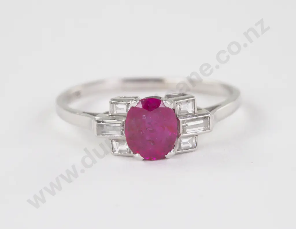 Art Deco Platinum Seven Stone Ruby and Diamond Ring Image 1++