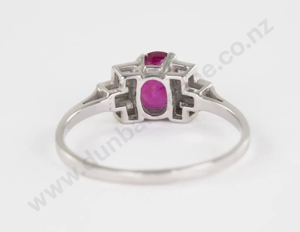 Art Deco Platinum Seven Stone Ruby and Diamond Ring Image 1++