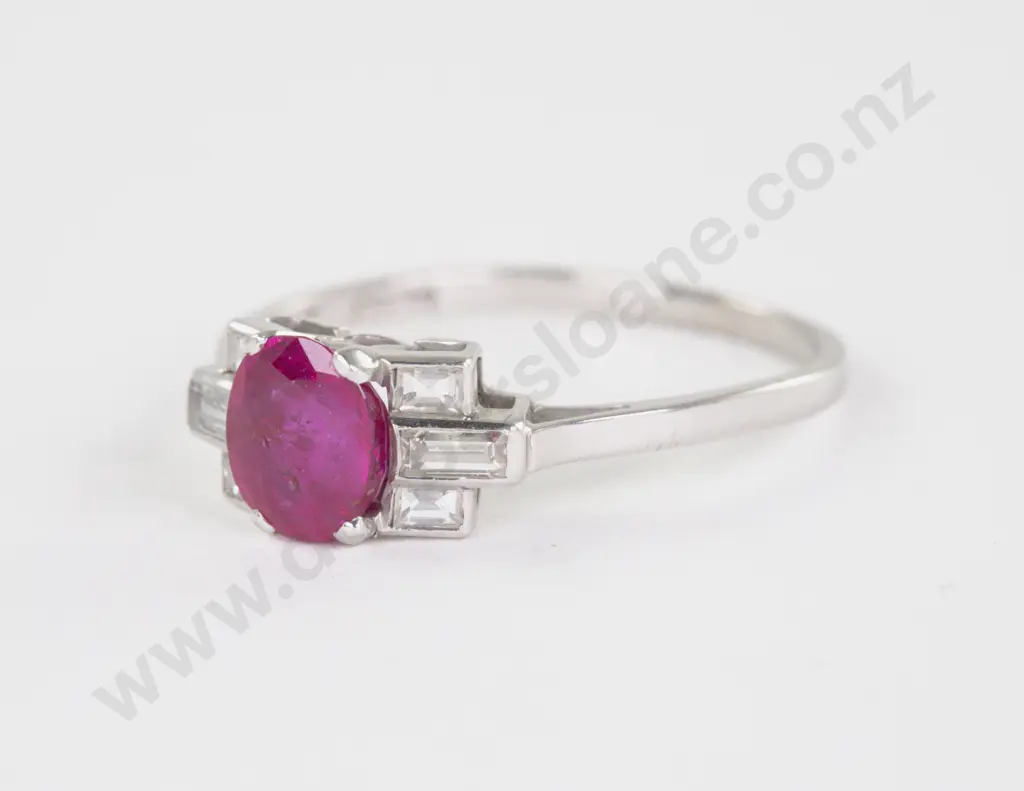 Art Deco Platinum Seven Stone Ruby and Diamond Ring Image 1++