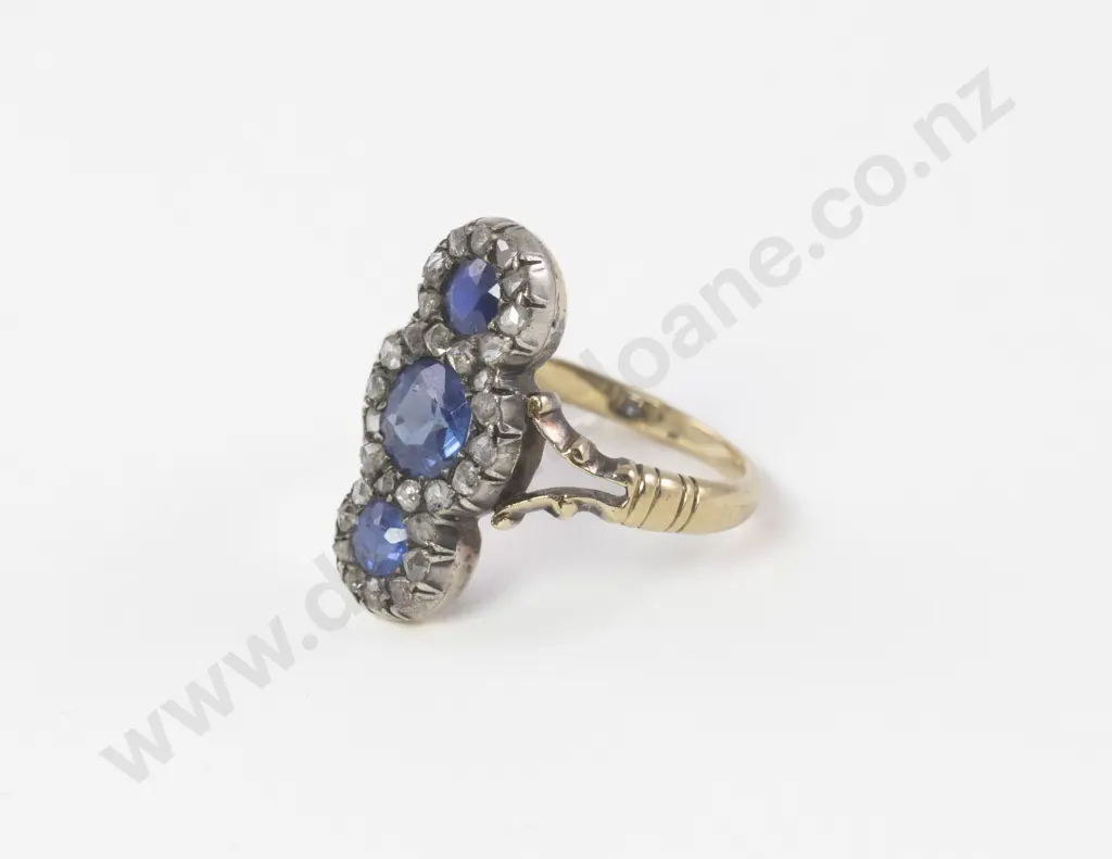 C19th 9ct Three Stone Sapphire and Diamond Cluster Ring Image 1++