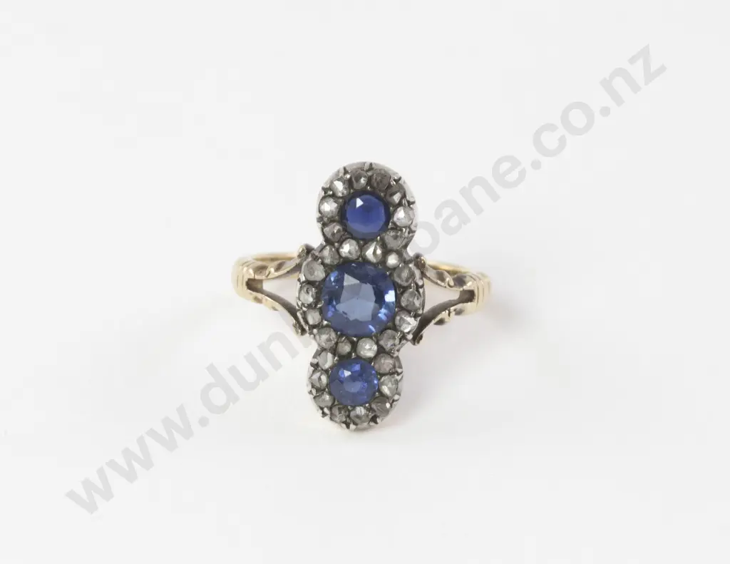 C19th 9ct Three Stone Sapphire and Diamond Cluster Ring Image 1++