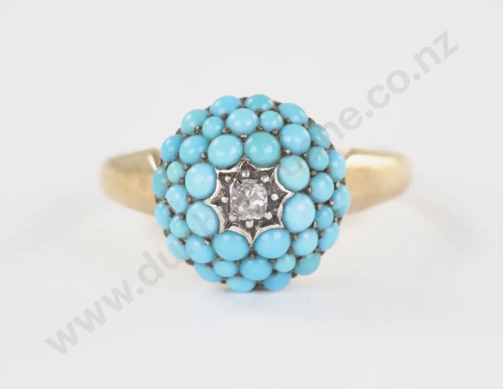 Victorian 18ct Turquoise and Diamond Cluster Ring Image 1++