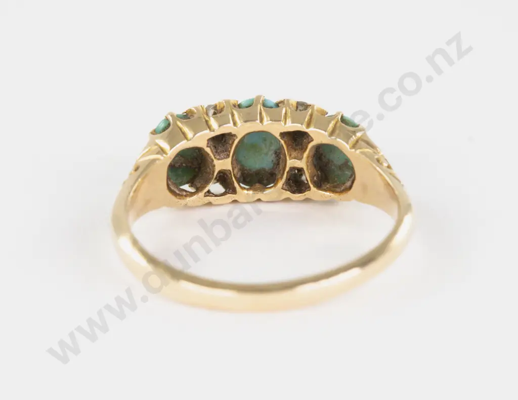 Victorian 18ct Three Stone Turquoise and Diamond Bridge Ring Image 1++