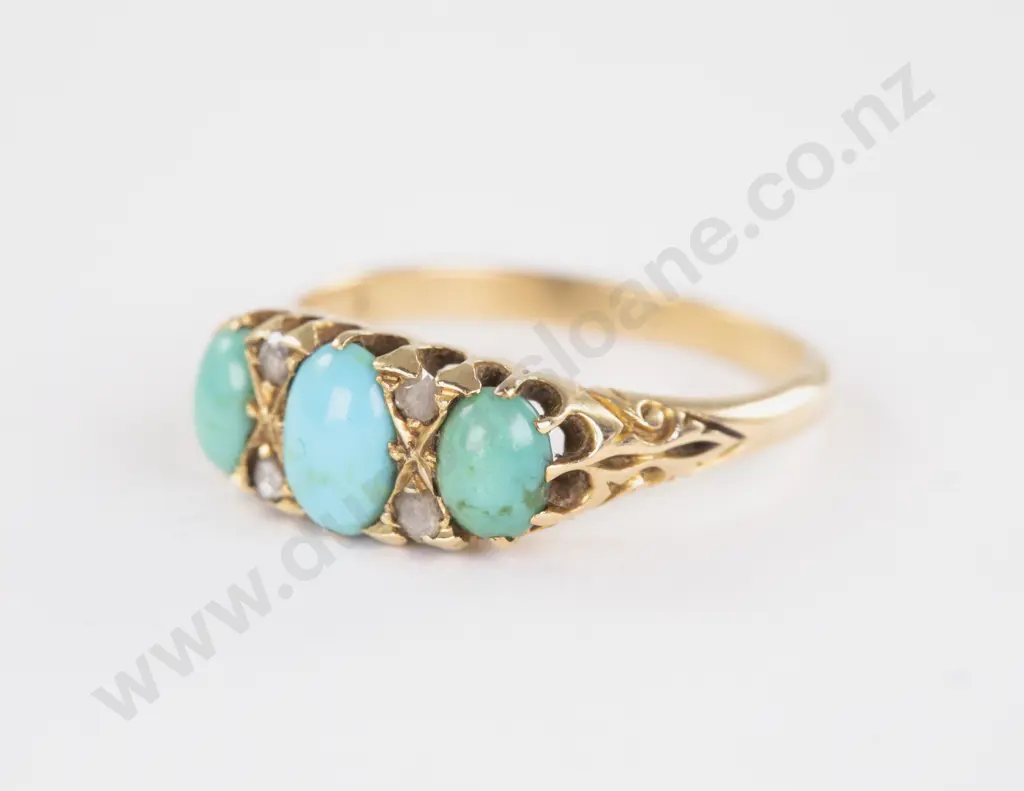 Victorian 18ct Three Stone Turquoise and Diamond Bridge Ring Image 1++