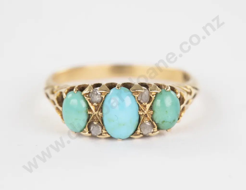 Victorian 18ct Three Stone Turquoise and Diamond Bridge Ring Image 1++