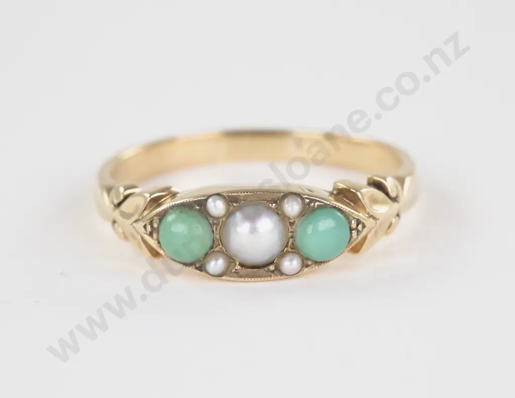 Victorian 9ct Two Stone Turquoise and Pearl Bridge Ring Image 1++