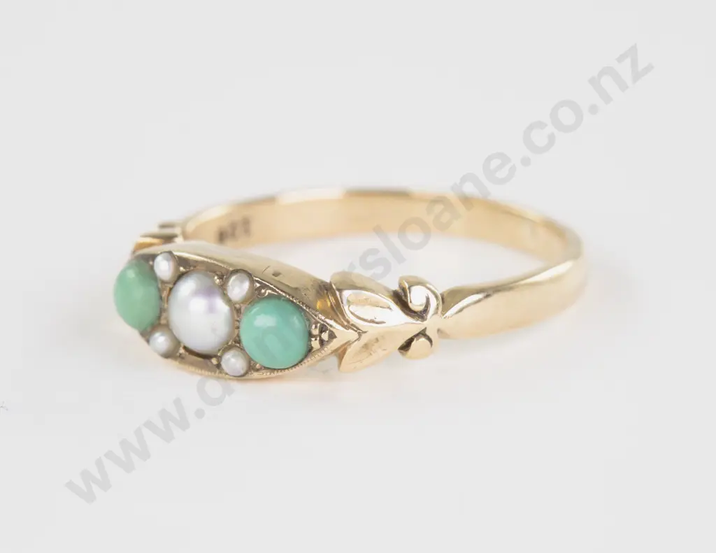 Victorian 9ct Two Stone Turquoise and Pearl Bridge Ring Image 1++
