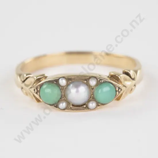 Victorian 9ct Two Stone Turquoise and Pearl Bridge Ring