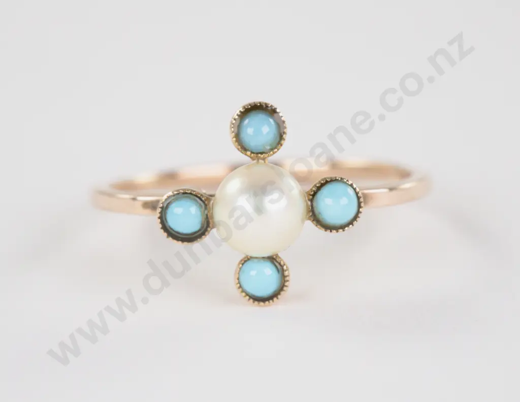 9ct Four Stone Turquoise and Single Cultured Pearl Cluster Ring Image 1++