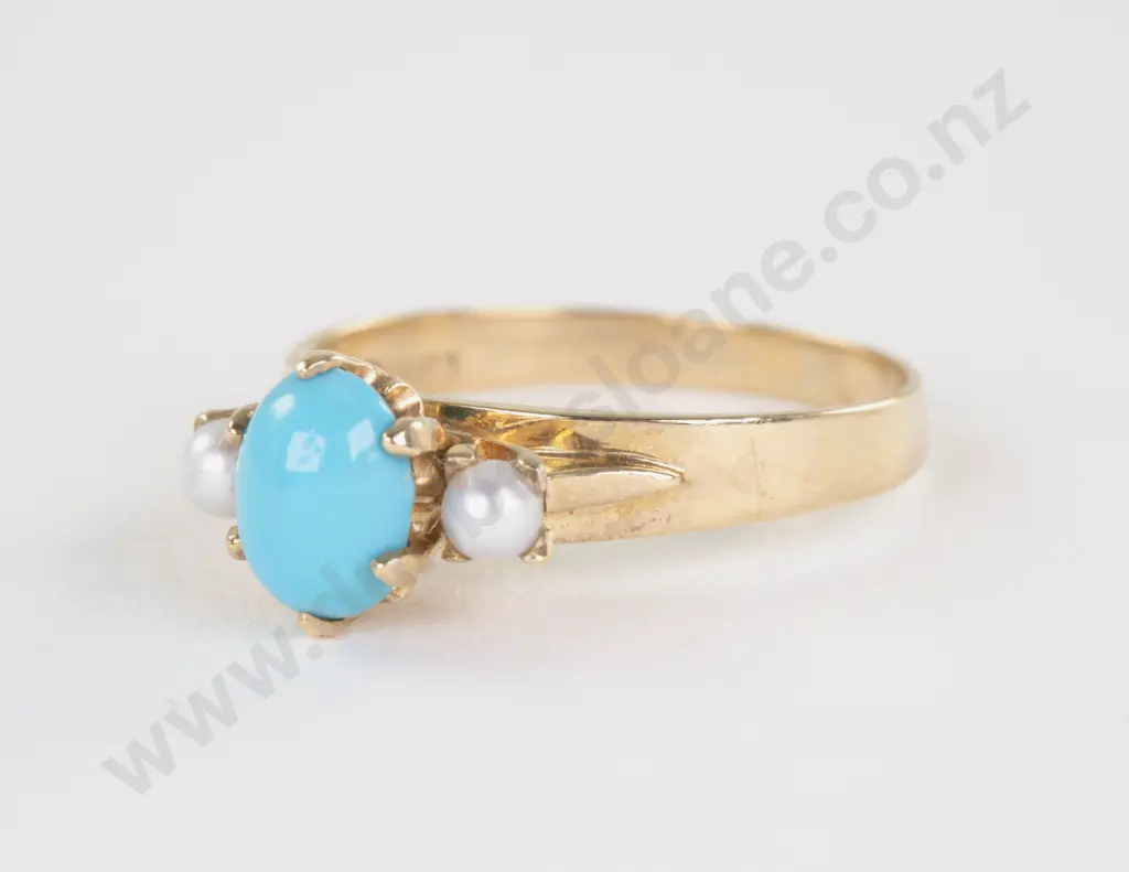 9ct Three Stone Turquoise and Pearl Bridge Ring Image 1++