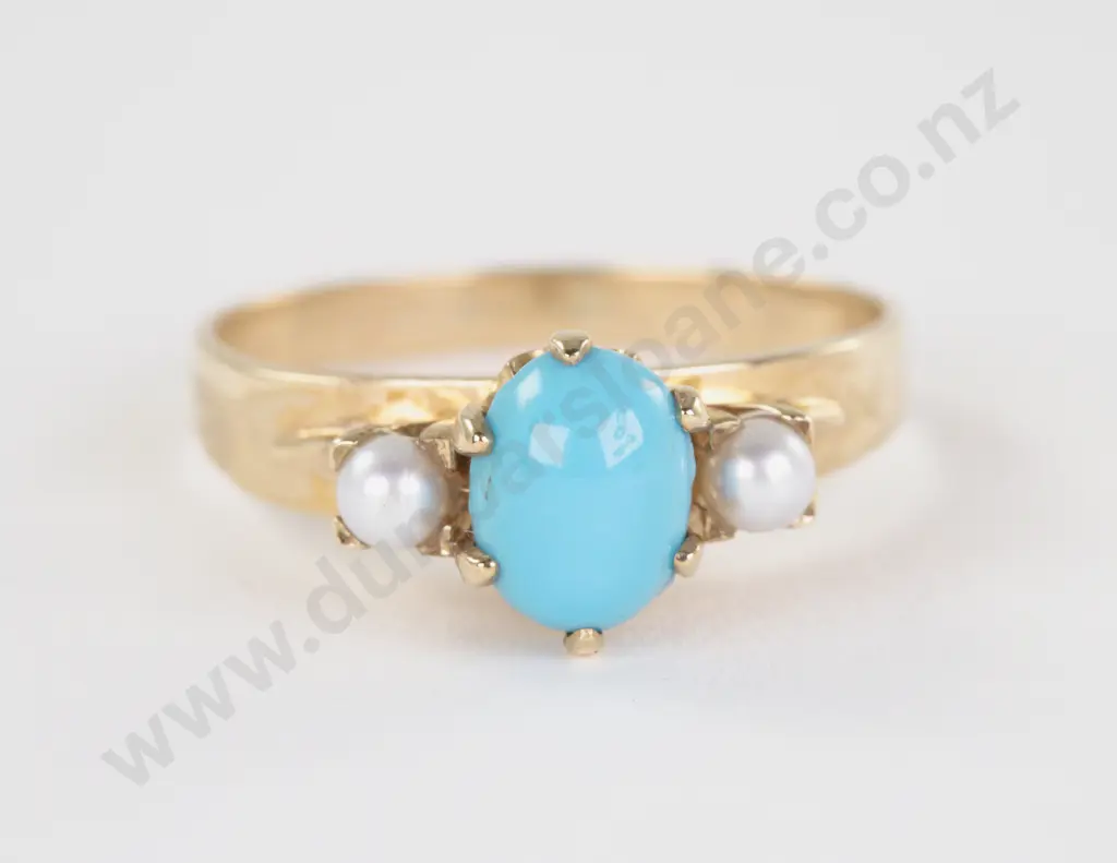 9ct Three Stone Turquoise and Pearl Bridge Ring Image 1++