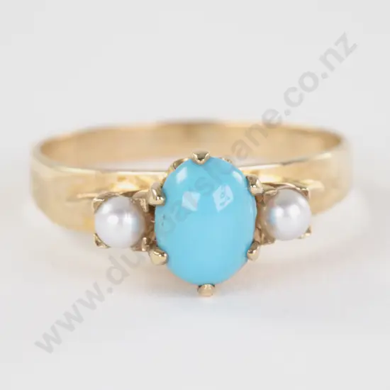 9ct Three Stone Turquoise and Pearl Bridge Ring