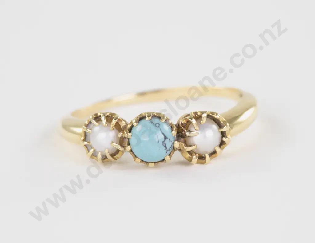 18ct Three Stone Turquoise and Pearl Bridge Ring Image 1++