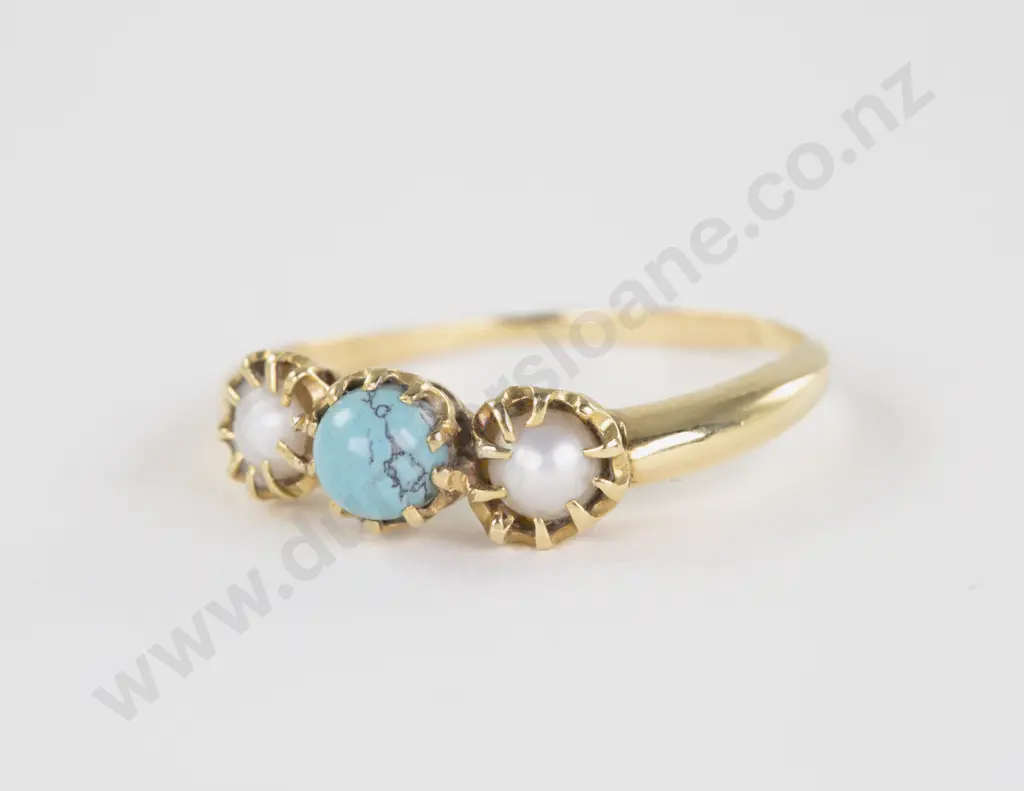 18ct Three Stone Turquoise and Pearl Bridge Ring Image 1++