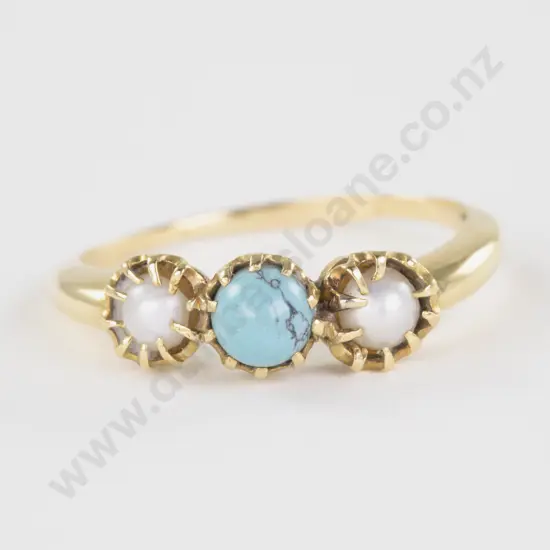 18ct Three Stone Turquoise and Pearl Bridge Ring