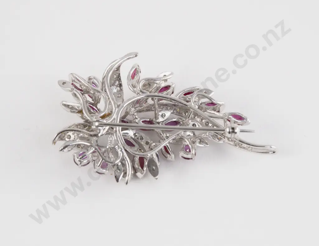 9ct White Gold 88Stone Diamond and Ruby Cluster Brooch Image 1++