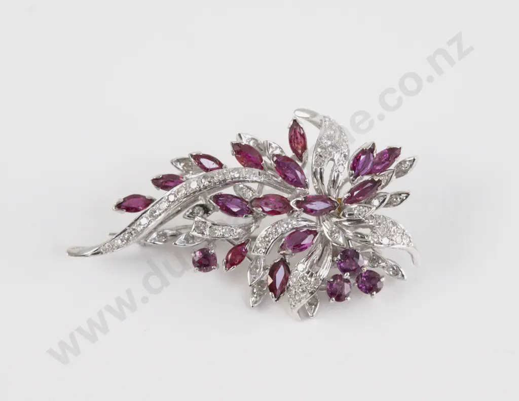 9ct White Gold 88Stone Diamond and Ruby Cluster Brooch Image 1++