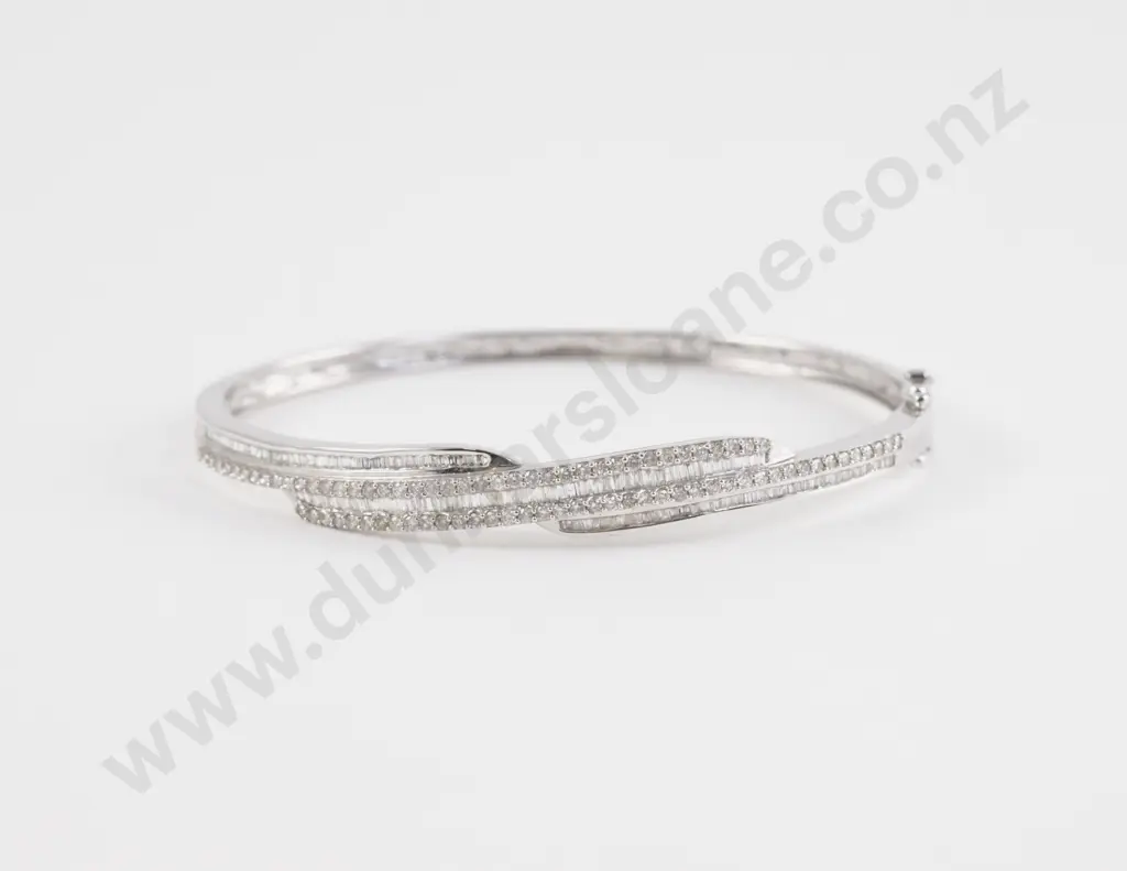 9ct White Gold 212Stone Diamond Hinged Snap Bangle Image 1++