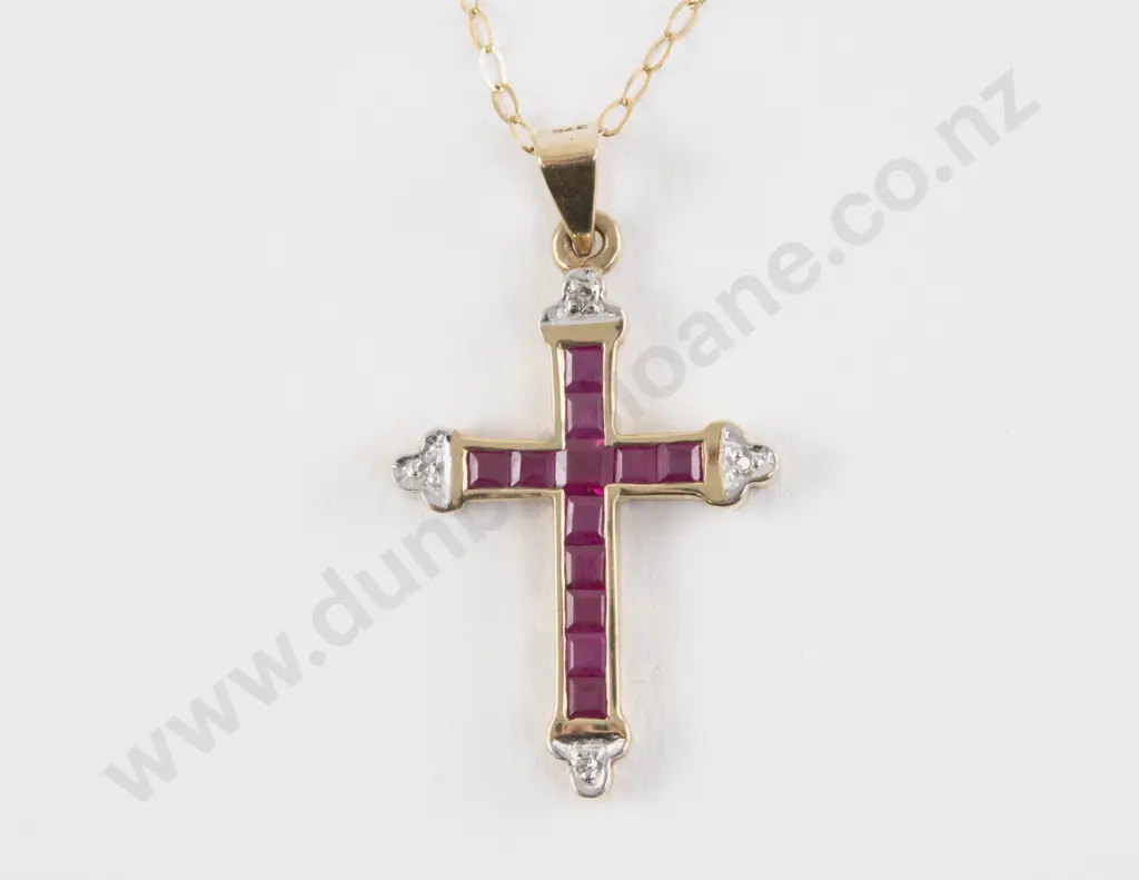 9ct 16Stone Ruby and Diamond Cross Pendant Image 1++