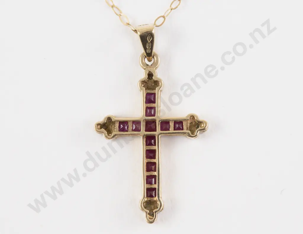 9ct 16Stone Ruby and Diamond Cross Pendant Image 1++