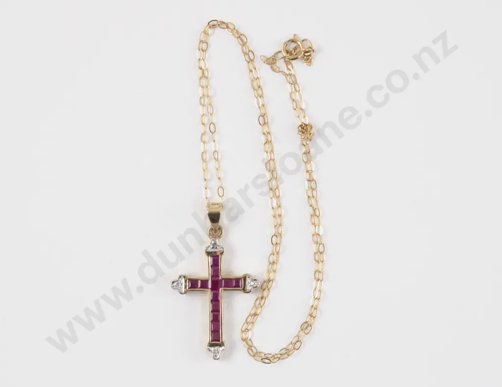 9ct 16Stone Ruby and Diamond Cross Pendant Image 1++