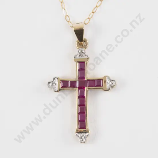 9ct 16Stone Ruby and Diamond Cross Pendant