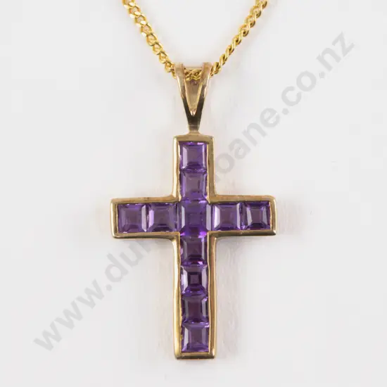 9ct Eleven Stone Amethyst Cross Pendant