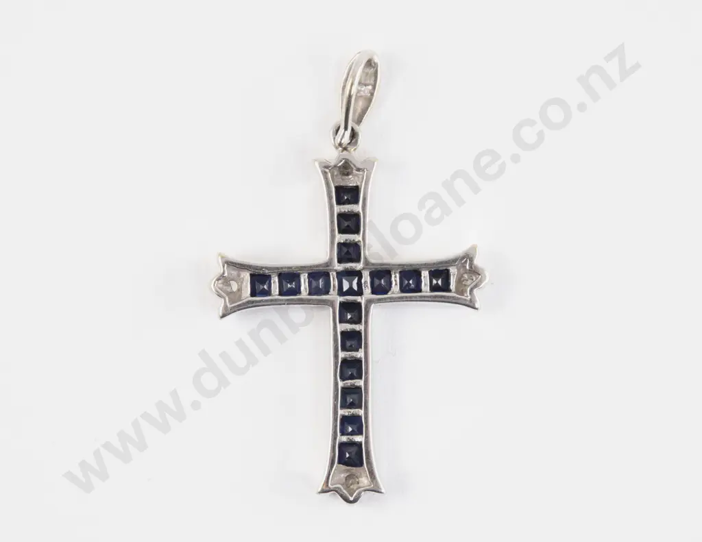 18ct White Gold 20Stone Sapphire and Diamond Cross Pendant Image 1++