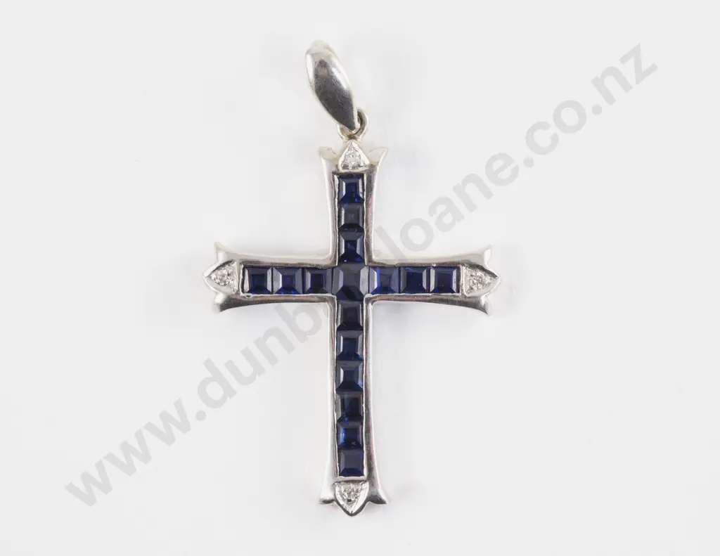 18ct White Gold 20Stone Sapphire and Diamond Cross Pendant Image 1++