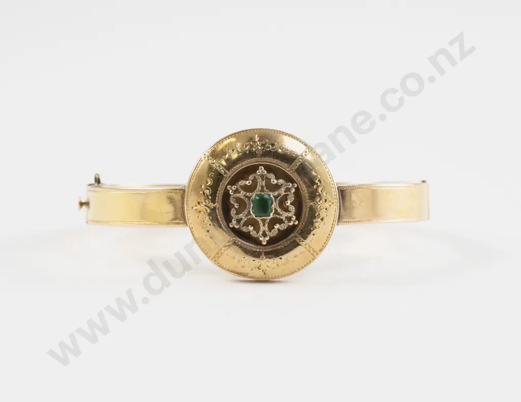 14ct Single Emerald Hinged Snap Bangle Image 1++