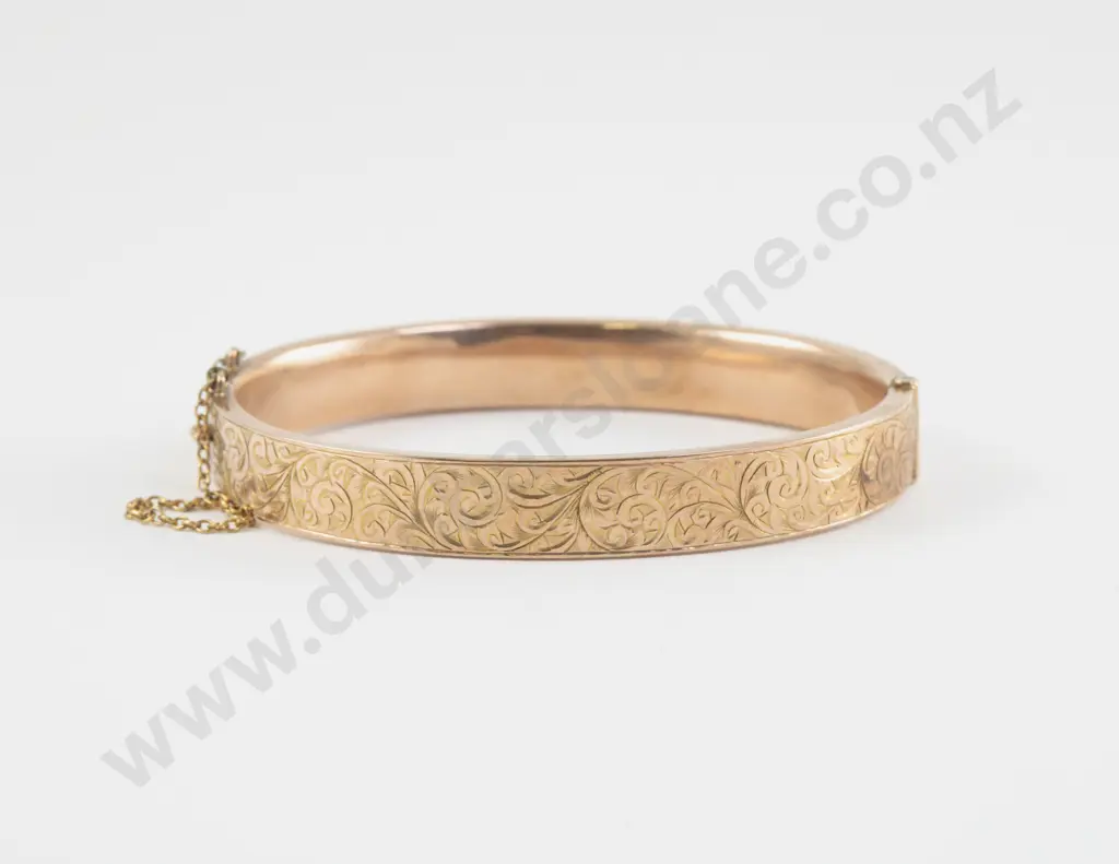 9ct Rose Gold Half Engraved Hollow Hinged Snap Bangle Image 1++