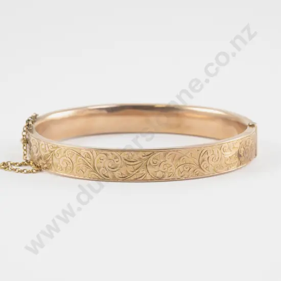 9ct Rose Gold Half Engraved Hollow Hinged Snap Bangle