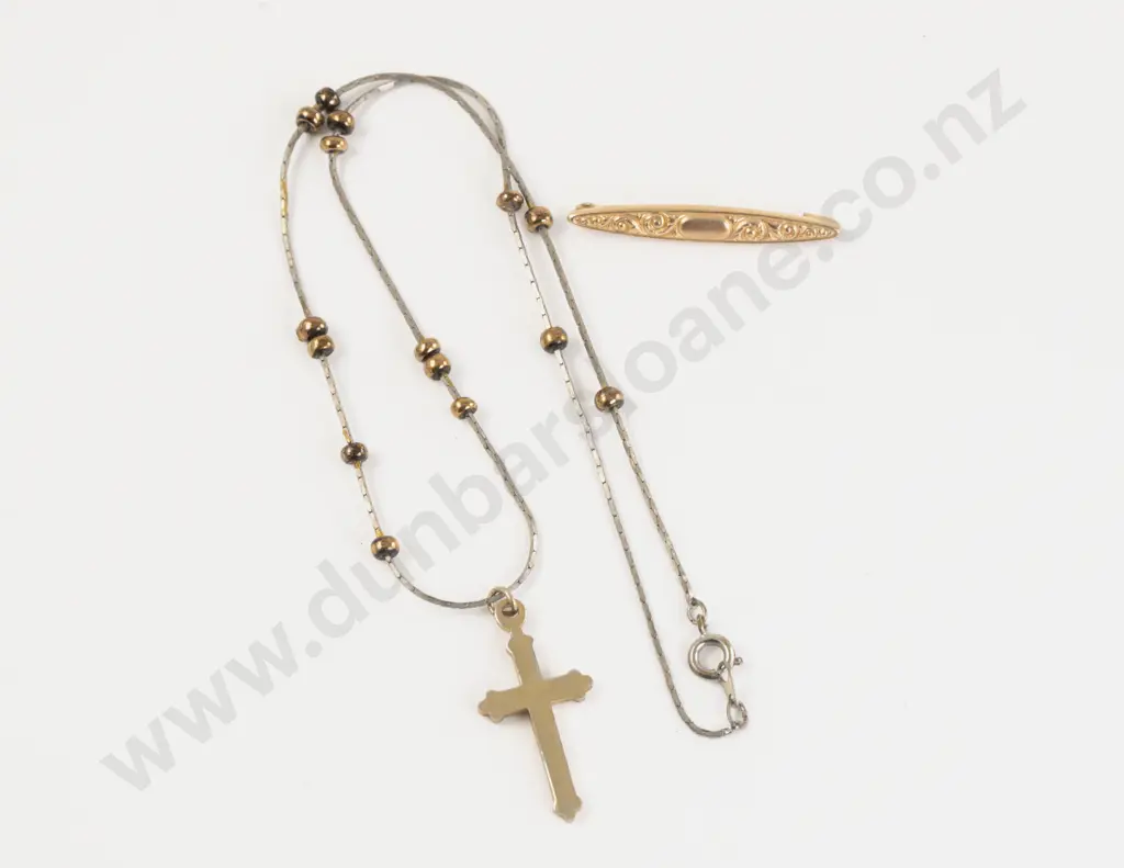 9ct Gold Cross Pendant and Bar Brooch Image 1++