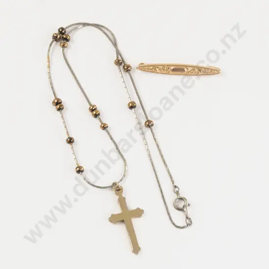 9ct Gold Cross Pendant and Bar Brooch