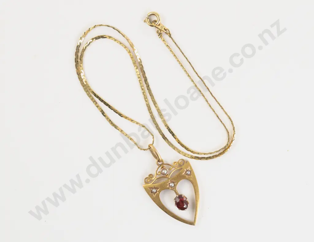 Edwardian 15ct Garnet and Seed Pearl Shield Pendant Image 1++