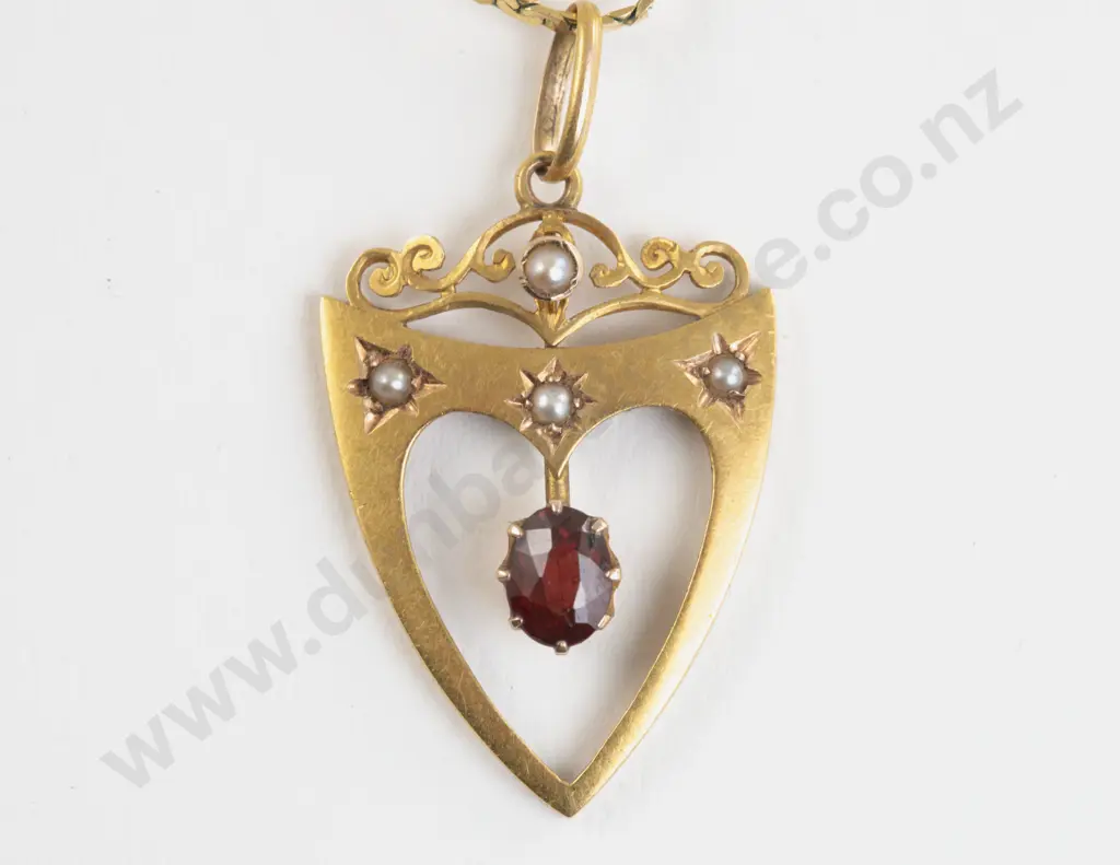 Edwardian 15ct Garnet and Seed Pearl Shield Pendant Image 1++