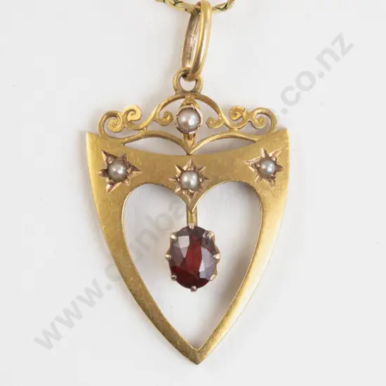 Edwardian 15ct Garnet and Seed Pearl Shield Pendant