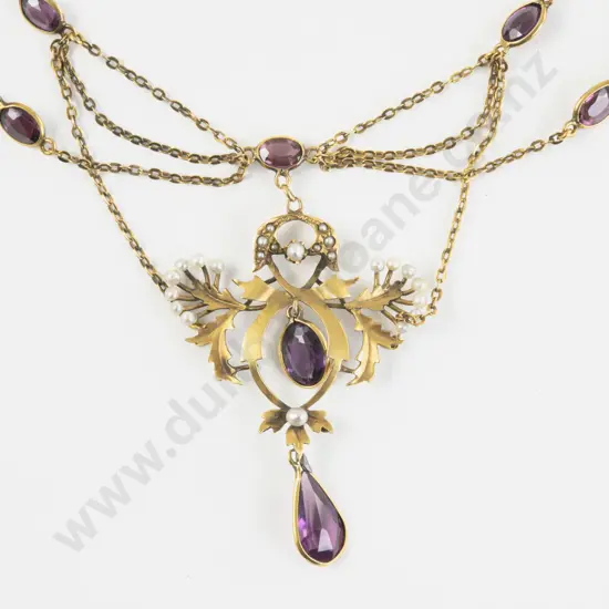 Edwardian 9ct Amethyst and Pearl Necklet
